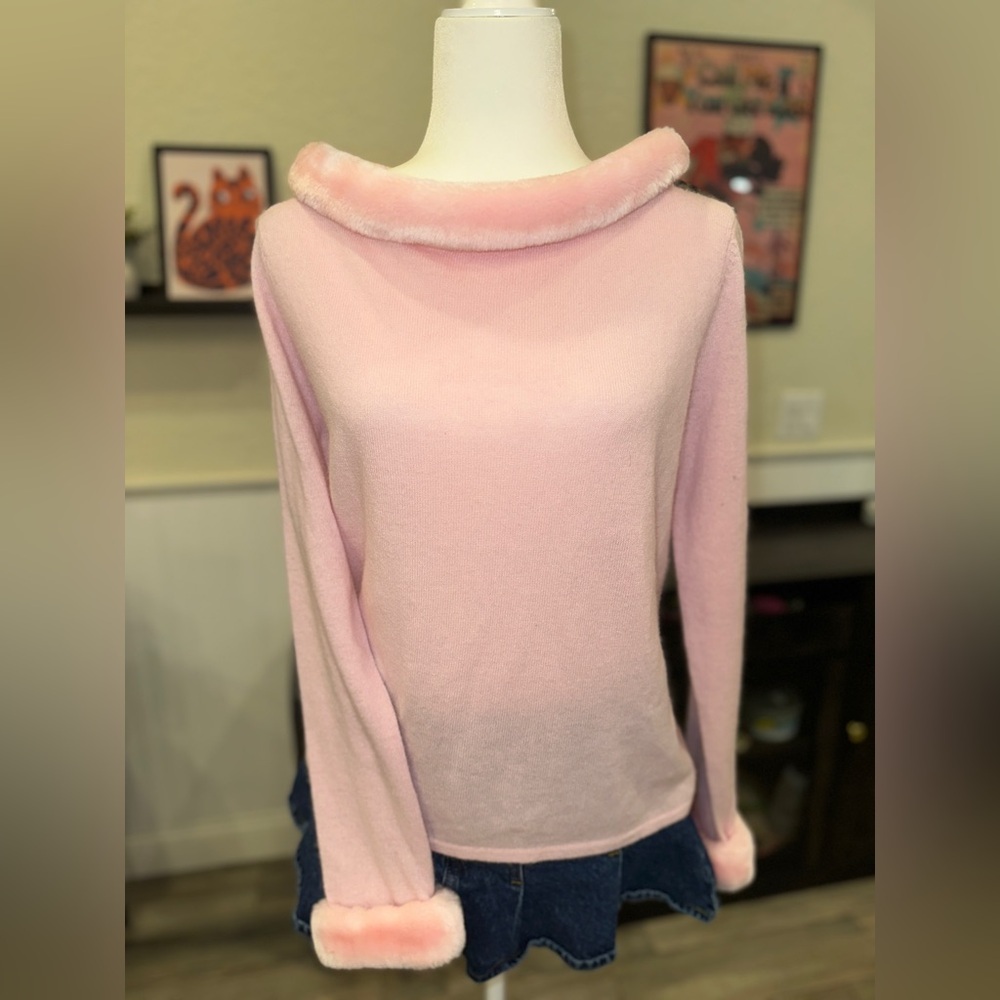 Nina Leonard Real Fur Collared Sweater Women’s Medium Pink Vintage
